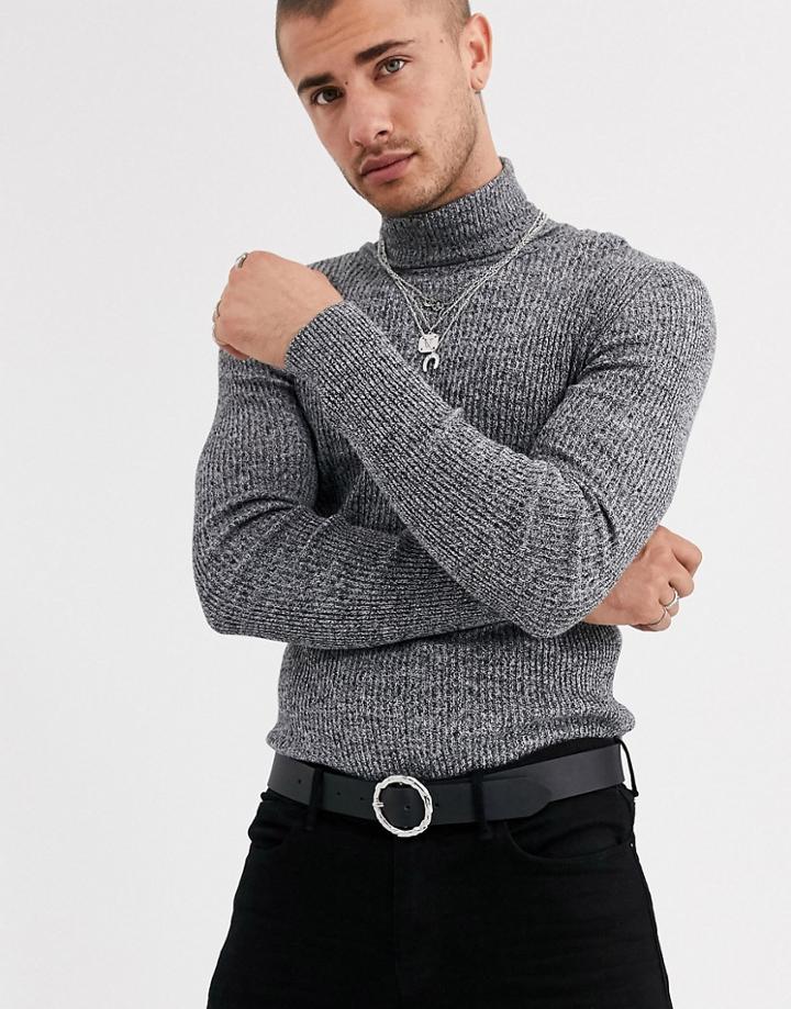Asos Design Oversized Fisherman Rib Roll Neck Sweater In Gray Twist