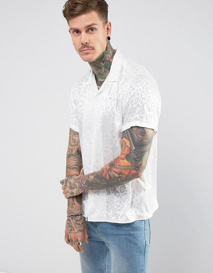 Asos Oversized Viscose Shirt With Sheer Leopard Burnout And Revere Collar In White - White