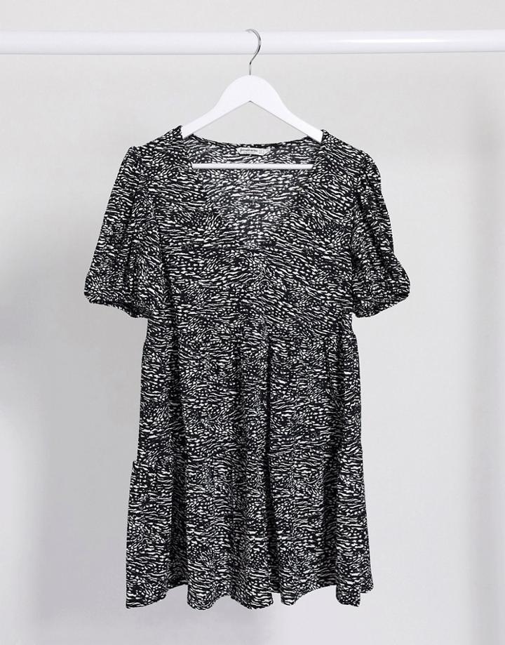 Stradivarius Mini Smock Dress In Mono Print-black