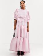 Dream Sister Jane Tiered Volume Maxi Dress With Bow Front In Heart Jacquard-pink