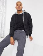 Pull & Bear Padded Bomber Jacket With Jersey Hood In Black