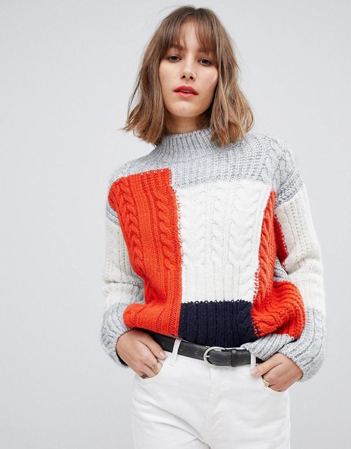 Esprit Color Block Textured High Neck Sweater In Gray - Gray