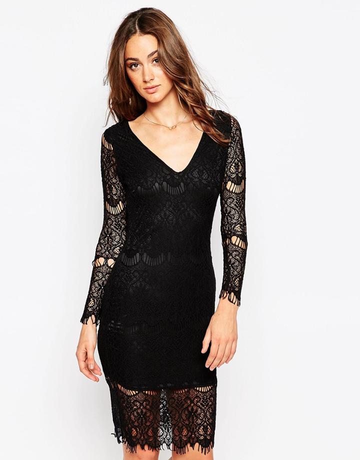 Sistaglam Nina Long Sleeve Lace Dress - Black
