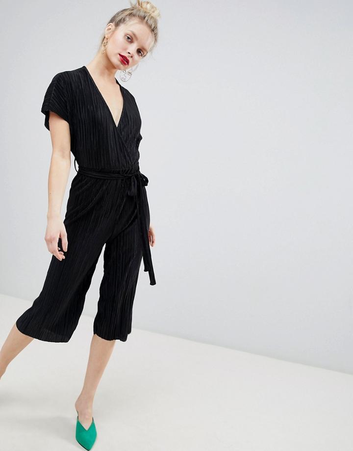 New Look Plisse Wrap Culotte Jumpsuit - Black