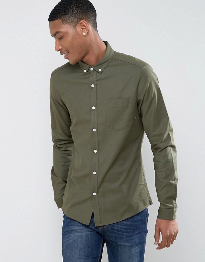 Asos Casual Regular Fit Oxford Shirt In Khaki - Green