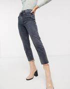 Topshop Straight Leg Ripped Hem Jeans In Dark Gray-grey