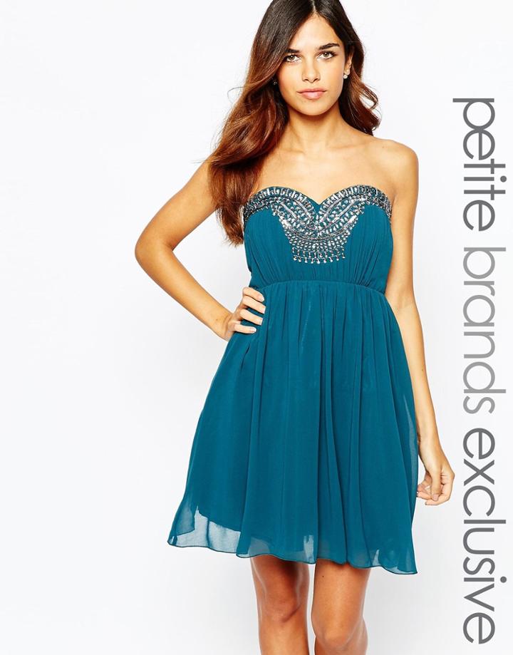 Little Mistress Petite Heavily Embellished Prom Dress - Teal