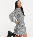 Missguided Petite Smock Dress With Frill Shoulder Detail In White Leopard