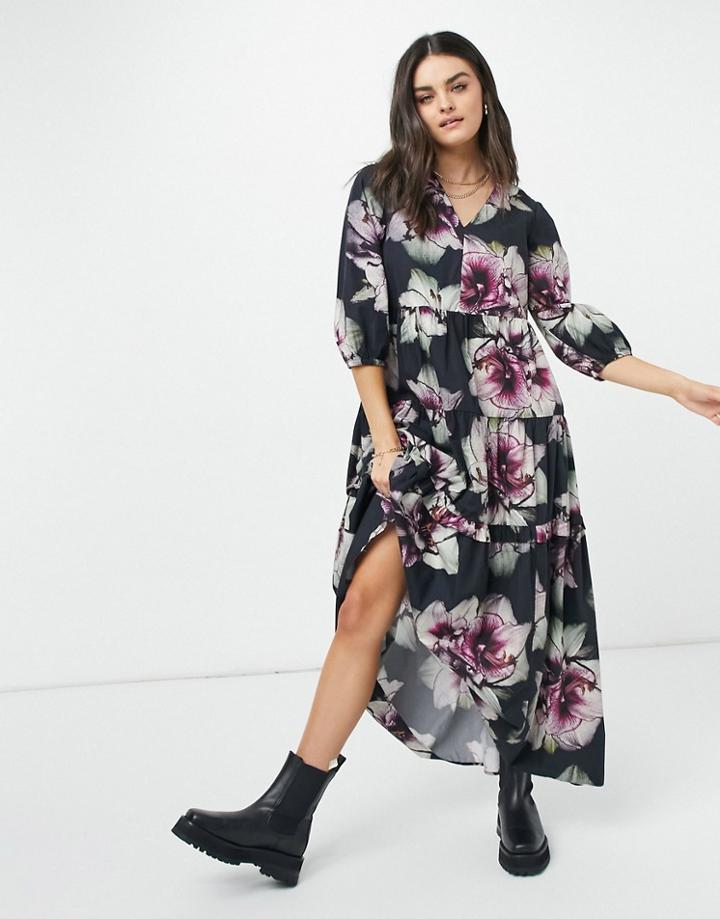 Selected Floral Midi Dress In Black