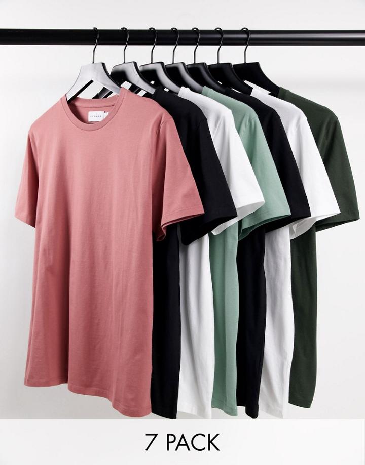 Topman 7 Pack Organic Cotton Classic T-shirts In White, Black, Green And Burgundy-multi
