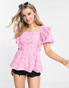 Influence Sweetheart Neckline Short Sleeve Blouse In Pink Eyelet