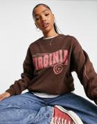 Pull & Bear Washed Virginia Sweatshirt In Brown With Contrast-multi