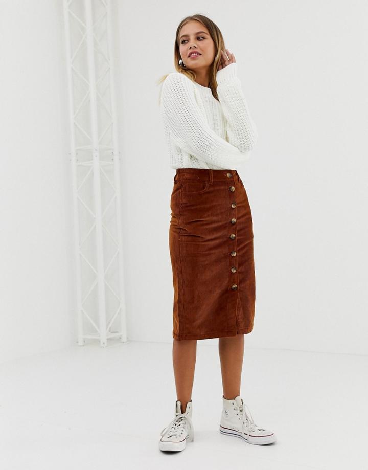 New Look Button Through Pencil Skirt In Rust - Orange