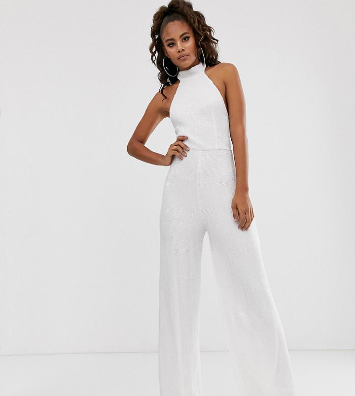 Club L London Tall Halterneck Sequin Wide Leg Jumpsuit In White - White