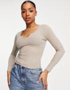 New Look Notch Neck Ribbed Long Sleeve Top In Mink-white