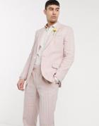 Asos Design Wedding Slim Suit Jacket In Stretch Cotton Linen In Pink And White Stripe