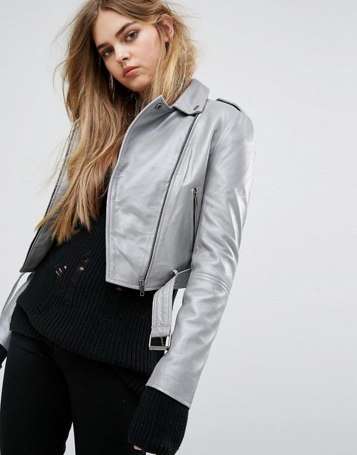 Muuba Sembri Cropped Leather Biker Jacket - Silver