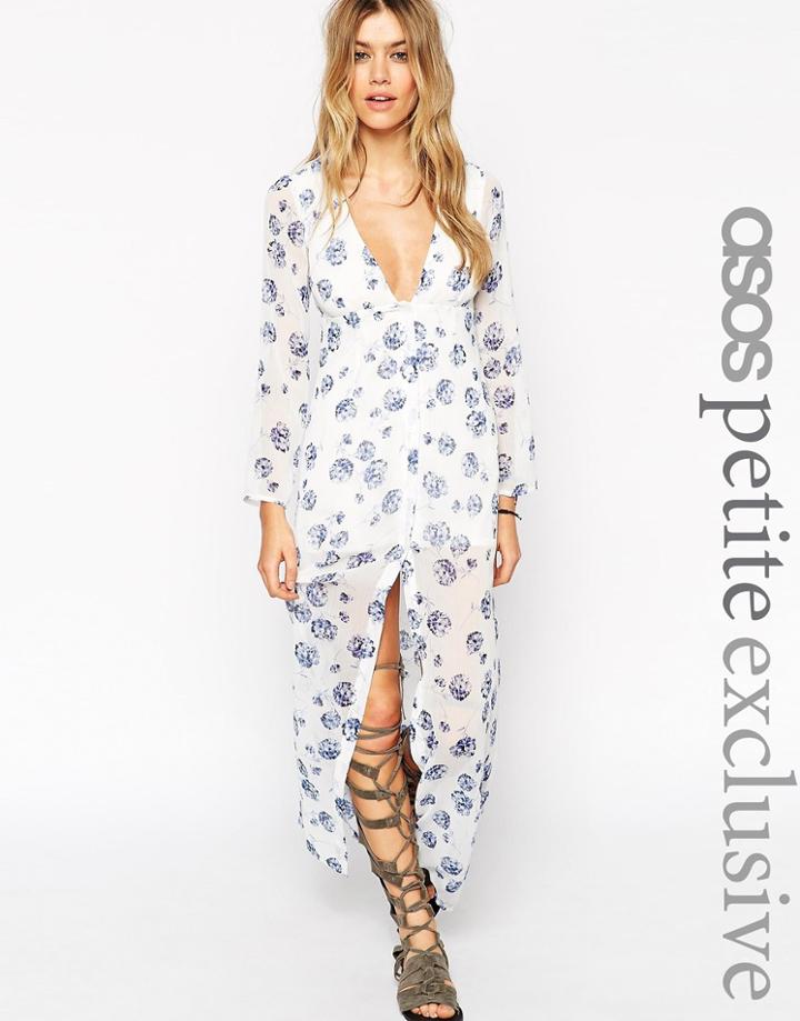 Asos Petite Maxi Dress With Button Front In Blue Floral Print - Print