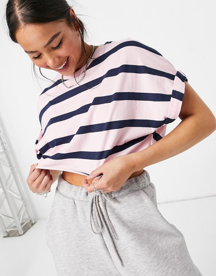 Bershka Cropped Tee In Pink Stripe