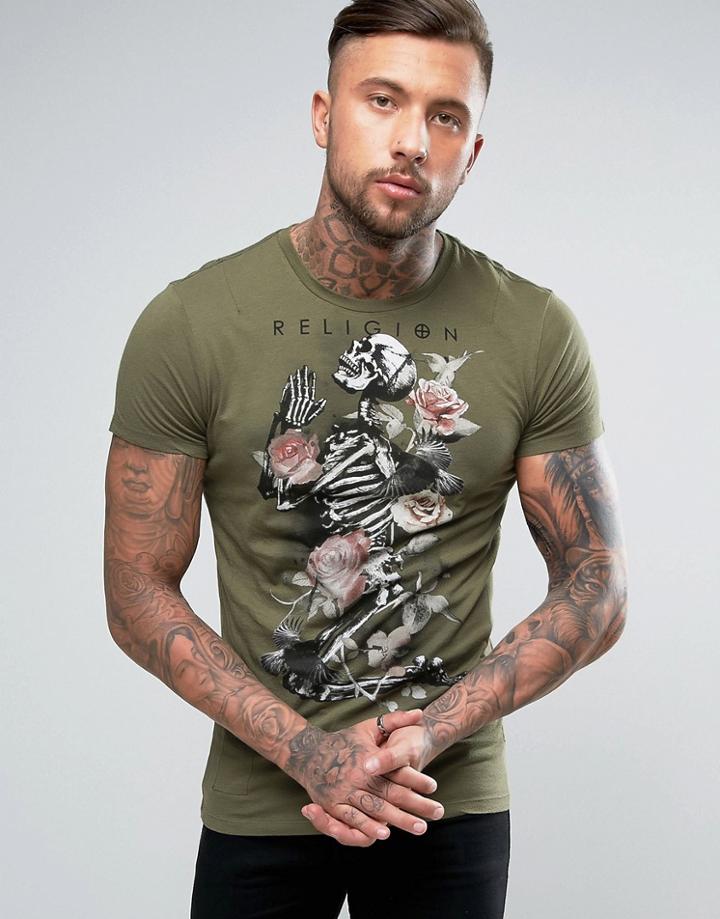 Religion T-shirt With Praying Skeleton Print - Green