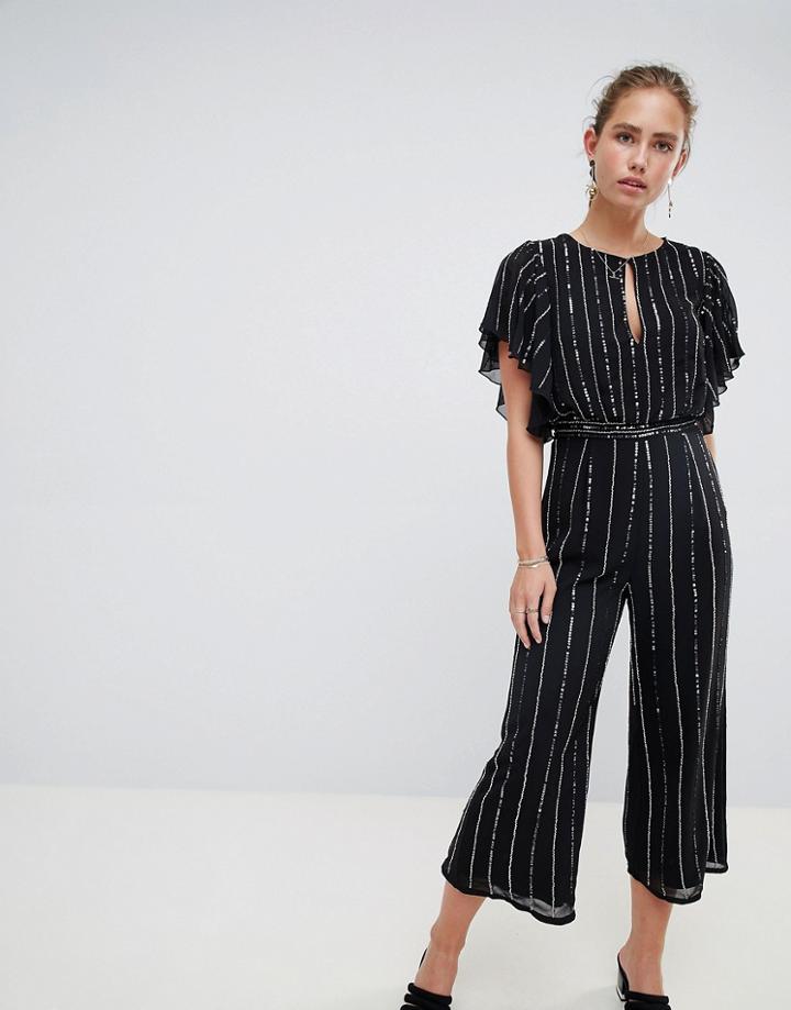 Miss Selfridge Jumpsuit In Glitter Stripe And Angel Sleeve - Black