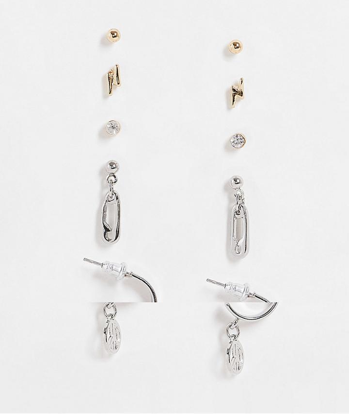 Topshop Peace And Safety Pink 5 X Multipack Earrings In Mixed Metals-silver