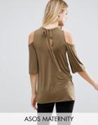 Asos Maternity Top With Cold Shoulder Frill Sleeve In Slinky - Green