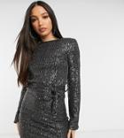 Club L London Tall Sequin Mini Shift Dress With Belt In Slate-grey