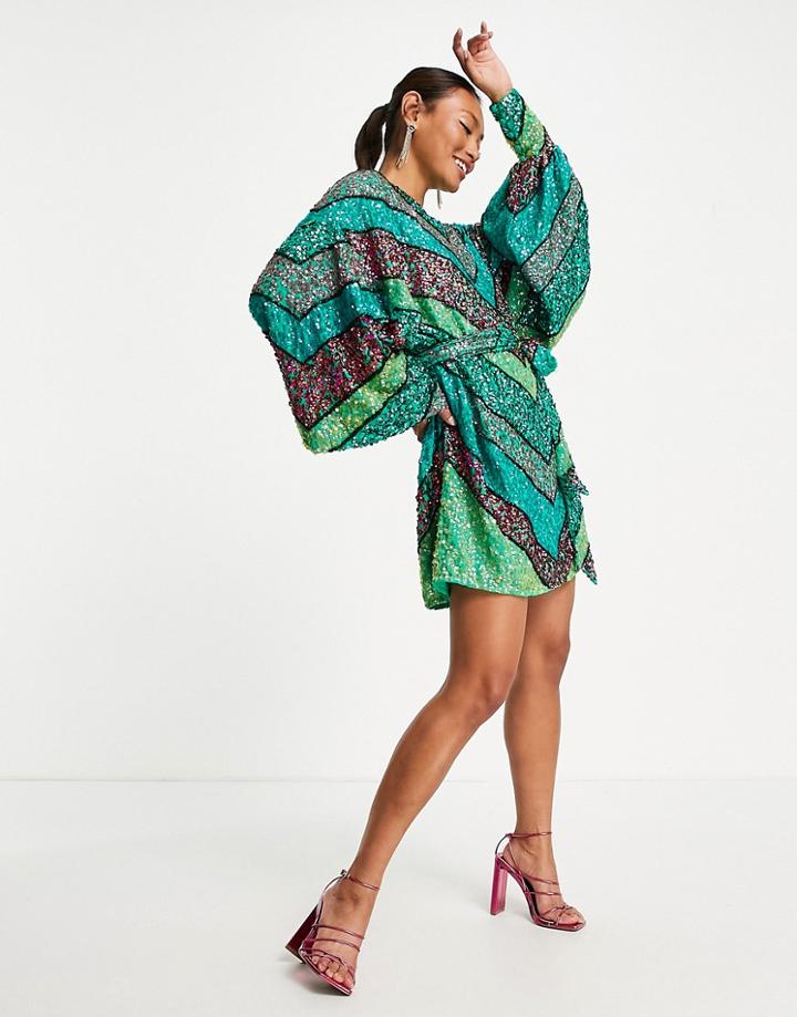 Asos Edition Chevron Sequin Belted Mini Dress-multi