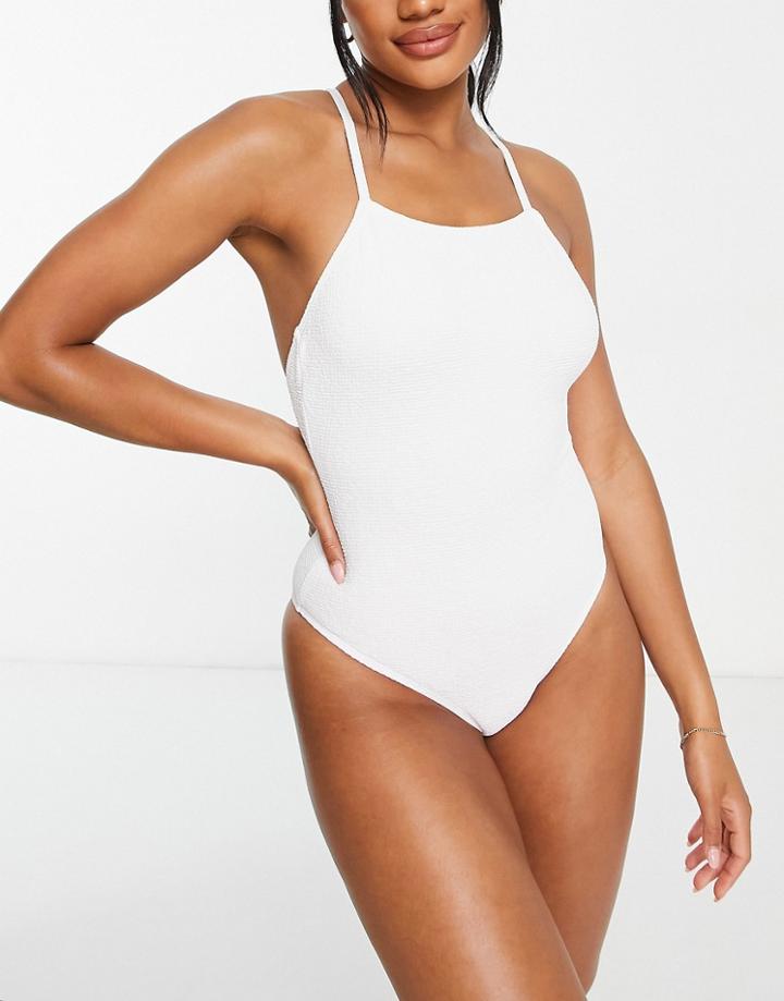 Topshop Crinkle Square Neck High Leg Swimsuit In White