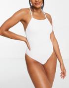 Topshop Crinkle Square Neck High Leg Swimsuit In White