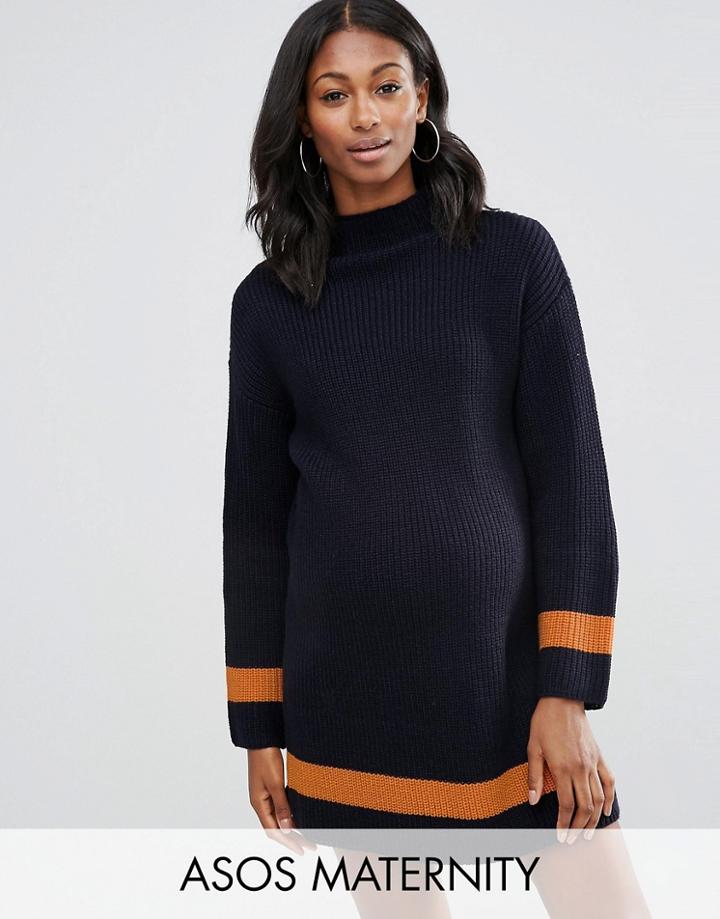 Asos Maternity Sweater Dress With Funnel Neck And Tipping - Navy