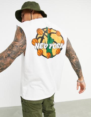 Asos Design Oversized Tank Top In White Cotton With New York City Basketball Print