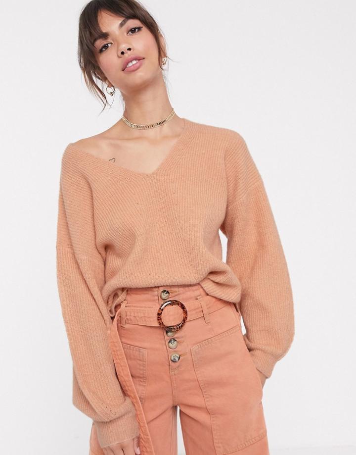 Asos Design Fluffy V Neck Ribbed Sweater With Balloon Sleeve In Recycled Blend-pink