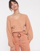 Asos Design Fluffy V Neck Ribbed Sweater With Balloon Sleeve In Recycled Blend-pink