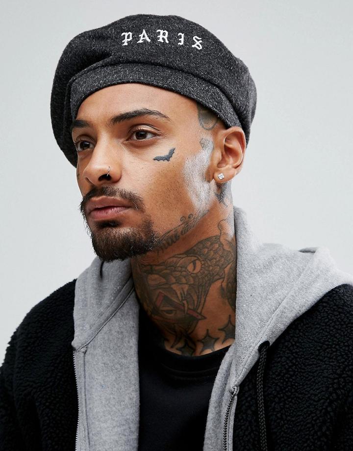 Asos Beret In Black With Paris Embroidery - Black