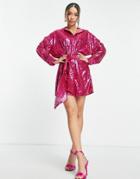 Style Cheat Belted Shirt Dress In Bright Sequin-pink