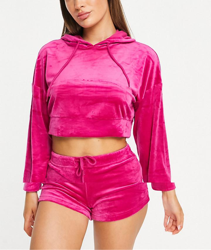 Brave Soul Vicky Velour Lounge Hoodie And Shorts Set In Magenta-pink