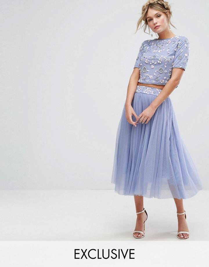 Lace & Beads Tulle Skirt With Embellished Waist Co-ord - Purple