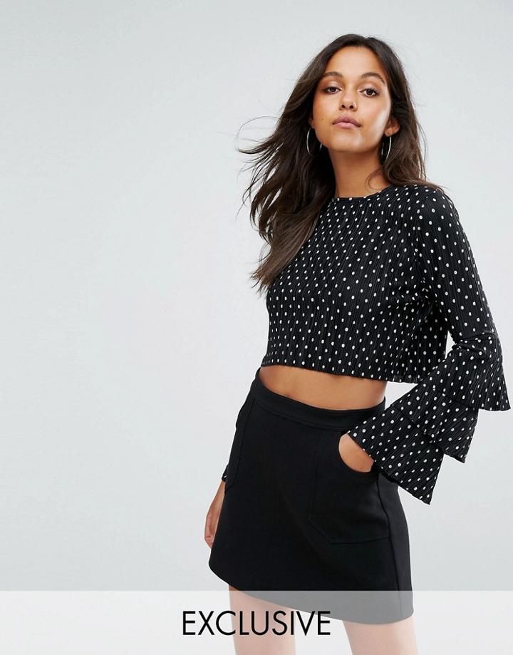 Missguided Flared Sleeve Polka Dot Crop Top - Black