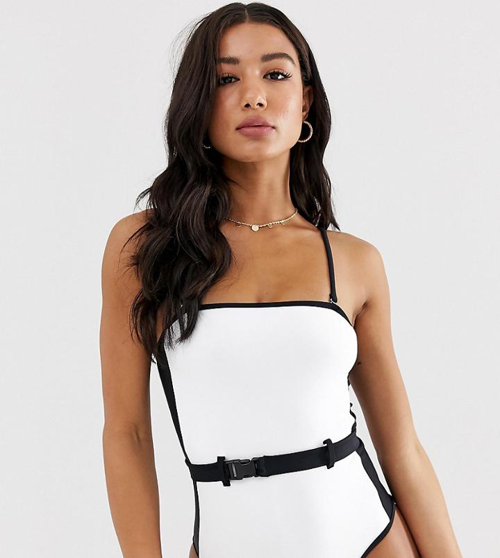 New Look Belted Color Block Swimsuit In White Pattern