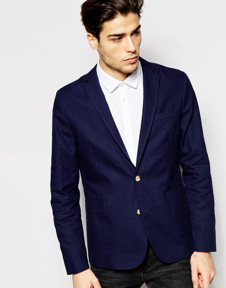 Asos Slim Blazer In Washed Cotton - Navy