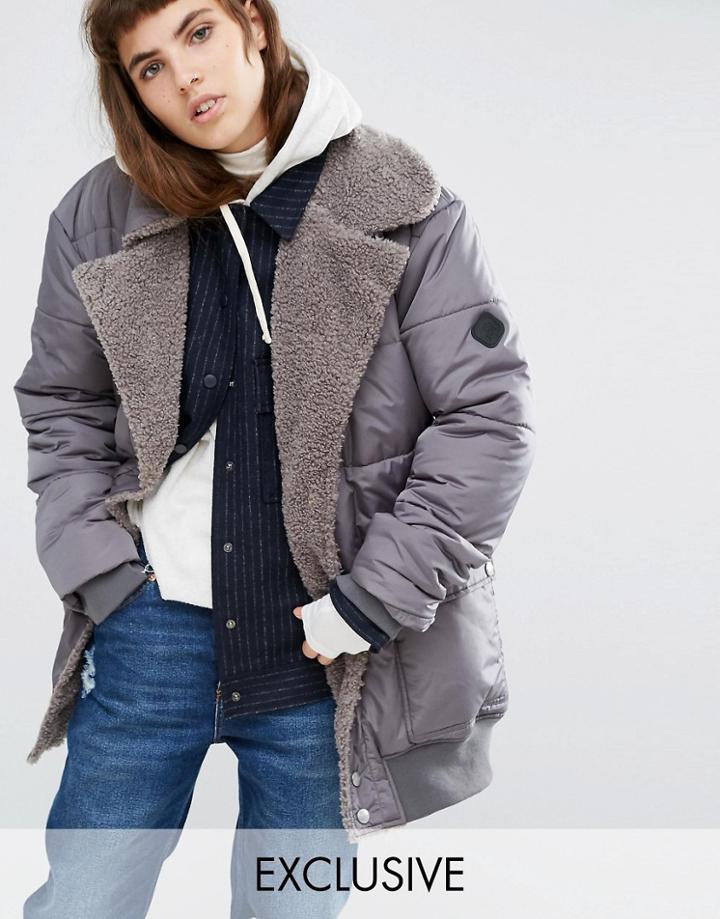 Puffa Oversized Longline Bomber Jacket With Faux Shearling Shawl Collar - Gray