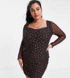 Asos Design Curve Mesh Ruched Mini Dress With Long Sleeves In Black Cherry Print