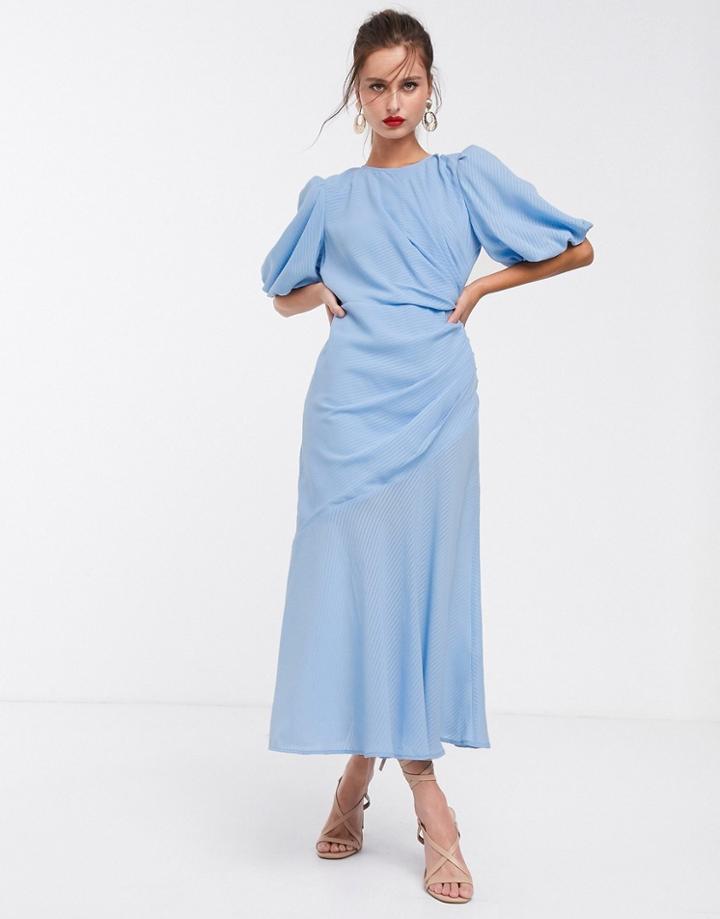 Asos Design Ruched Maxi Dress With Puff Sleeve In Self Check-blue