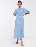 Asos Design Ruched Maxi Dress With Puff Sleeve In Self Check-blue