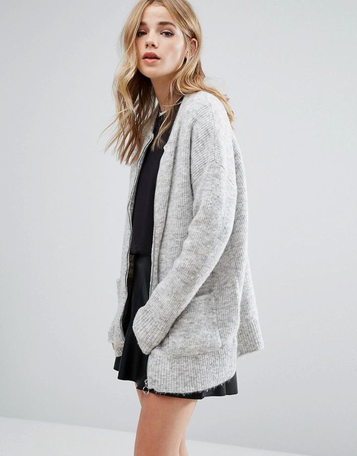 New Look Knitted Zip Cardigan - Gray