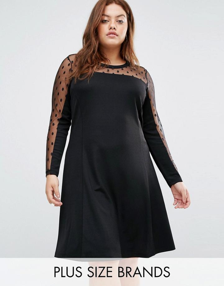Junarose Swing Dress With Spot Mesh Insert - Black