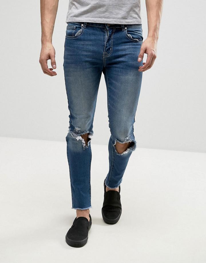 Heros Heroine Skinny Fit Jeans In Blue With Raw Hem - Blue