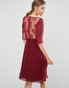 Elise Ryan Midi Dress With Lace Sleeve And Back - Red